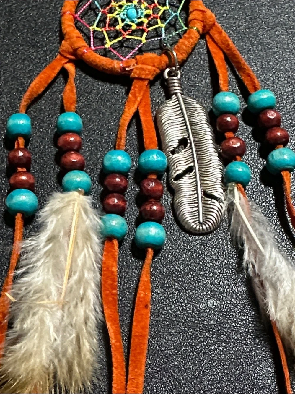 225.  Dream Catcher With Feathers & Wood Beads Key Chain / Bag Charm